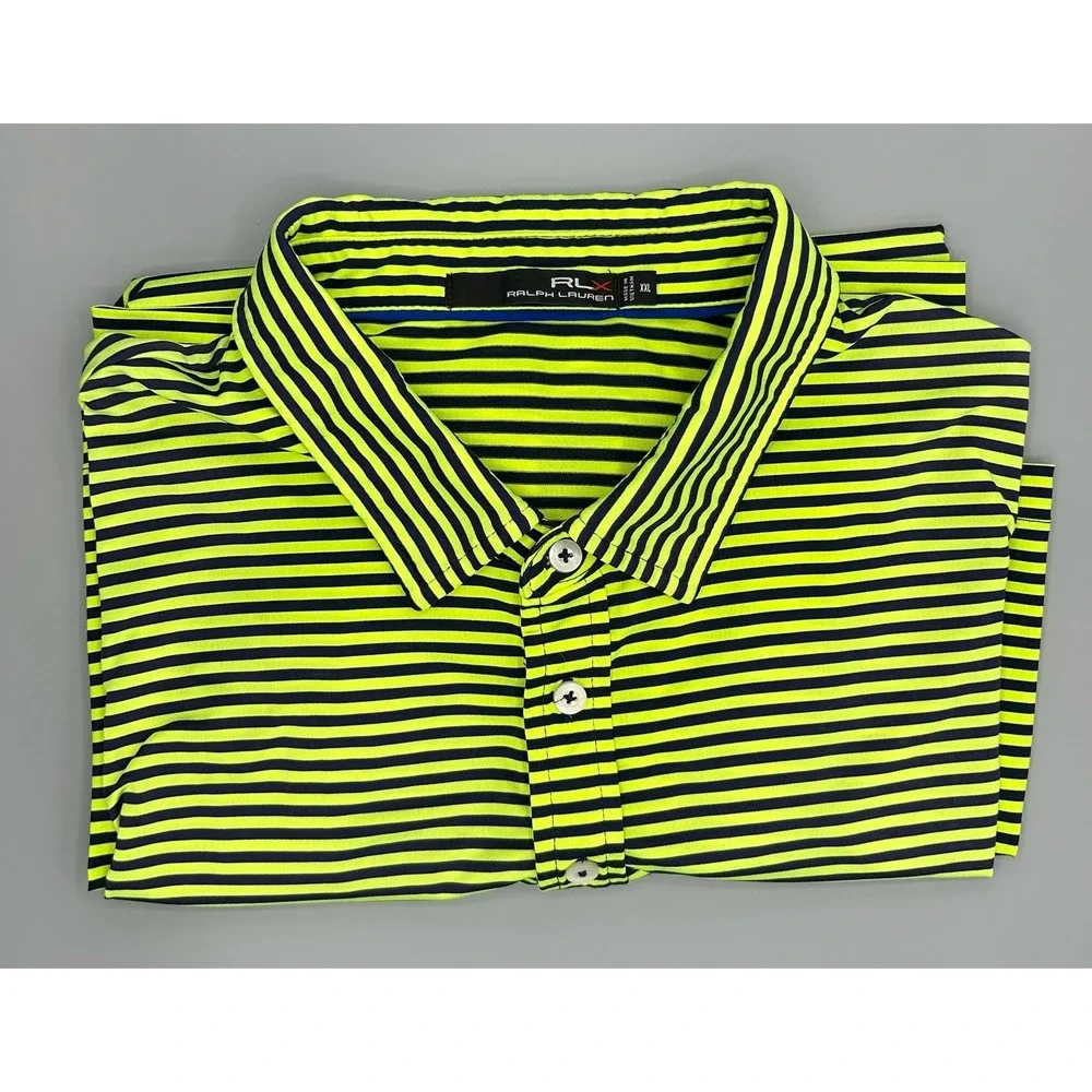 RLX Ralph Lauren Polo Golf Shirt XXL Lime Grn/Navy Striped Performance Mens 2XL